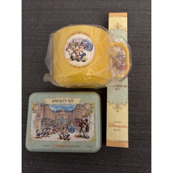3 Pc Lot Tokyo Disneyland Hotel Amenity Kit‎ Tin Cup Toothbrush New Sealed - Picture 2 of 7